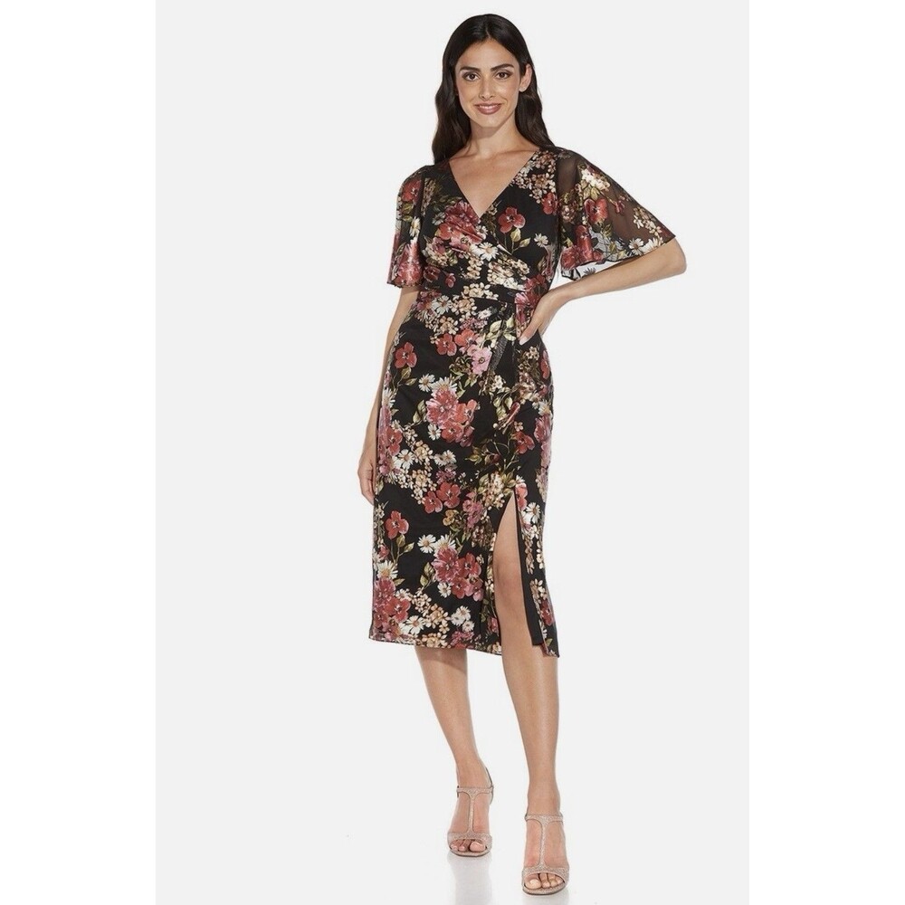 Adrianna Papell Floral Metallic Foiled Print Draped Midi Dress, size 4